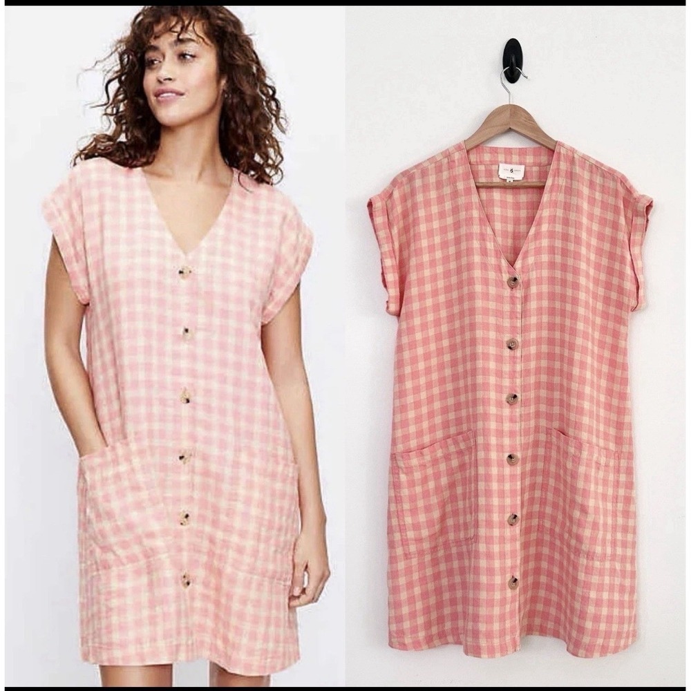 Lou & Grey 100%‎ Linen Gingham Tunic Dress Pink XS Cottagecore Coastal Grandma